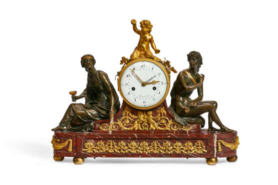 A LATE LOUIS XVI ORMOLU-MOUNTED ROUGE GRIOTTE MARBLE AND PATINATED-BRONZE MANTEL CLOCK - photo 1