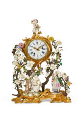 A LOUIS XV MEISSEN AND FRENCH PORCELAIN-MOUNTED ORMOLU AND TOLE PEINTE MANTEL CLOCK