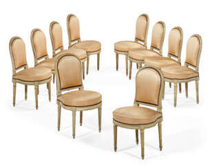 A SET OF TEN LOUIS XVI GRAY-PAINTED DINING CHAIRS