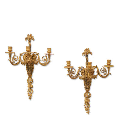 A PAIR OF RESTAURATION ORMOLU AND PATINATED-BRONZE THREE-BRANCH WALL-LIGHTS - photo 1
