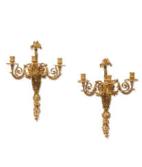 A PAIR OF RESTAURATION ORMOLU AND PATINATED-BRONZE THREE-BRANCH WALL-LIGHTS
