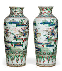 A PAIR OF LARGE CHINESE FAMILLE VERTE PORCELAIN TAPERING CYLINDRICAL VASES