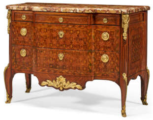 A LATE LOUIS XV ORMOLU-MOUNTED KINGWOOD, TULIPWOOD, AMARANTH AND PARQUETRY COMMODE