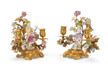 A PAIR OF LOUIS XV ORMOLU-MOUNTED MEISSEN AND FRENCH PORCELAIN TWO-LIGHT CANDELABRA