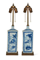 A PAIR OF CHINESE BLUE AND WHITE PORCELAIN BOTTLES, MOUNTED AS LAMPS