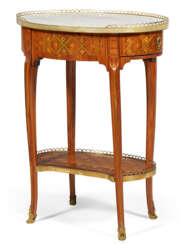 A LATE LOUIS XV ORMOLU-MOUNTED TULIPWOOD AND FLORAL TRELLIS PARQUETRY TABLE EN CHIFFONNIERE