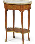 Marketerie. A LATE LOUIS XV ORMOLU-MOUNTED TULIPWOOD AND FLORAL TRELLIS PARQUETRY TABLE EN CHIFFONNIERE