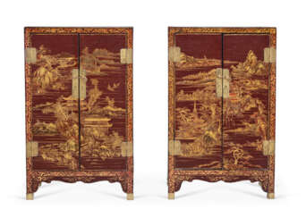 A PAIR OF CHINESE GILT BROWN LACQUER CABINETS