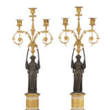 A PAIR OF DIRECTOIRE ORMOLU, WHITE MARBLE AND PATINATED-BRONZE CANDELABRA - фото 1
