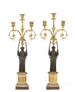 Directoire (fr. 1795-1799). A PAIR OF DIRECTOIRE ORMOLU, WHITE MARBLE AND PATINATED-BRONZE CANDELABRA