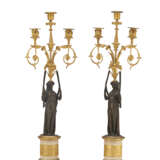 A PAIR OF DIRECTOIRE ORMOLU, WHITE MARBLE AND PATINATED-BRONZE CANDELABRA - фото 2