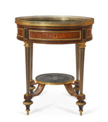 A LATE LOUIS XVI ORMOLU-MOUNTED AND BRASS-INLAID EBONY, VERRE EGLOMISE AND MAHOGANY GUERIDON