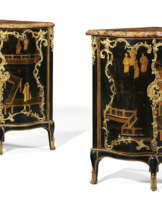 A PAIR OF LOUIS XV ORMOLU-MOUNTED CHINESE BLACK AND GILT LACQUER AND EBONIZED ENCOIGNURES