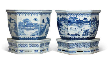 TWO LARGE CHINESE BLUE AND WHITE PORCELAIN HEXAGONAL JARDINI&#200;RES AND STANDS