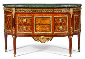 A LOUIS XVI ORMOLU-MOUNTED AMARANTH, TULIPWOOD, MARQUETRY AND PARQUETRY DEMILUNE COMMODE