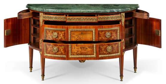 A LOUIS XVI ORMOLU-MOUNTED AMARANTH, TULIPWOOD, MARQUETRY AND PARQUETRY DEMILUNE COMMODE - фото 3