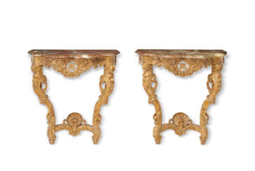 A PAIR OF FRENCH GILTWOOD CONSOLE TABLES