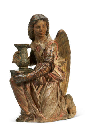 A POLYCHROME-DECORATED TERRACOTTA FIGURE OF A SEATED ANGEL HOLDING AN URN - фото 1