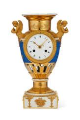 A PARIS PORCELAIN MATTE BLUE AND GOLD GROUND VASE-FORM CLOCK
