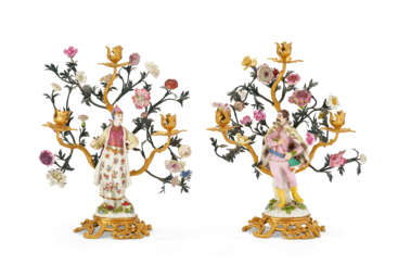 A PAIR OF LOUIS XV ORMOLU-MOUNTED MEISSEN AND FRENCH PORCELAIN AND TOLE PEINTE THREE-LIGHT CANDELABRA