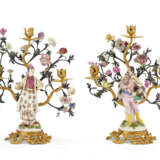 A PAIR OF LOUIS XV ORMOLU-MOUNTED MEISSEN AND FRENCH PORCELAIN AND TOLE PEINTE THREE-LIGHT CANDELABRA - photo 1