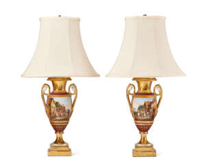 A PAIR OF PARIS PORCELAIN PURPLE-GROUND VASES, MOUNTED AS LAMPS