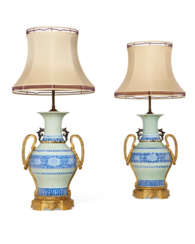 A PAIR OF ORMOLU-MOUNTED CHINESE CELADON AND BLUE AND WHITE PORCELAIN VASES, NOW MOUNTED AS LAMPS