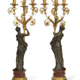 A PAIR OF LOUIS XVIII ORMOLU AND PATINATED BRONZE THREE-BRANCH CANDELABRA - фото 5