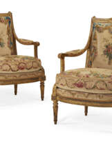 A PAIR OF LOUIS XVI GILT-WALNUT FAUTEILS