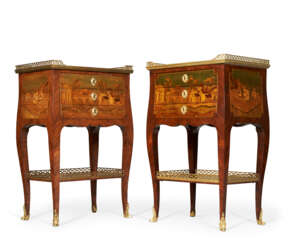 A MATCHED PAIR OF FRENCH ORMOLU-MOUNTED KINGWOOD, SYCAMORE AND MARQUETRY TABLES EN CHIFFONNIER