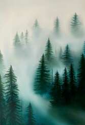 Картина маслом Зеленый лес в тумане