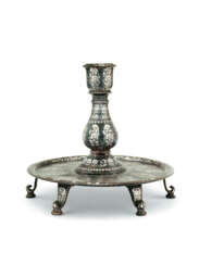 A VERY LARGE SILVER-INLAID BIDRI CANDLESTICK AND TRAY