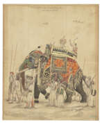 Расписанный. AKBAR II (R.1806-37) WITH HIS SON MIRZA SELIM SEATED ON AN ELEPHANT