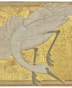 Gouache. TWO ALBUM PAGES: A HERON LANDING AND TWO CRANES STANDING IN A POOL