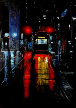 Night in the city 01 oil on cardboard Американский реализм Индустриальный пейзаж Украина 2024 г. - фото 1