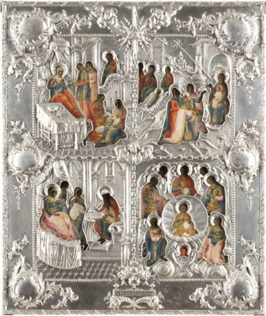 SEHR FEINE UND GROSSE VIERFELDER-IKONE MIT DER GEBURT DER GOTTESMUTTER, CHRISTI UND JOHANNES SOWIE DER SYNAXIS DER ERZENGEL MIT SILBER-RIZA - photo 1