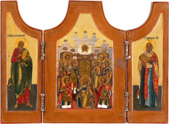 KLEINES TRIPTYCHON MIT DEN NEUN MÄRTYRERN VON EPHESOS FLANKIERT VON DEN HEILIGEN EVANGELISTEN JOHANNES UND NIKOLAUS VON MYRA - Foto 1