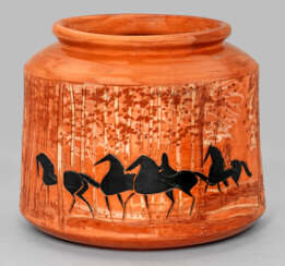 Künstlerkeramik-Vase von André Brasilier mit Pferden