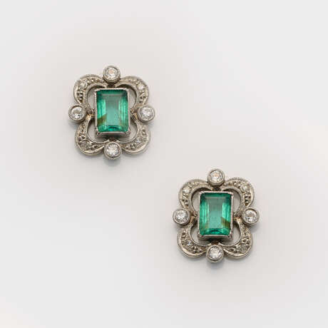 Paar Art Déco Smaragd-Diamant-Ohrringe - photo 1