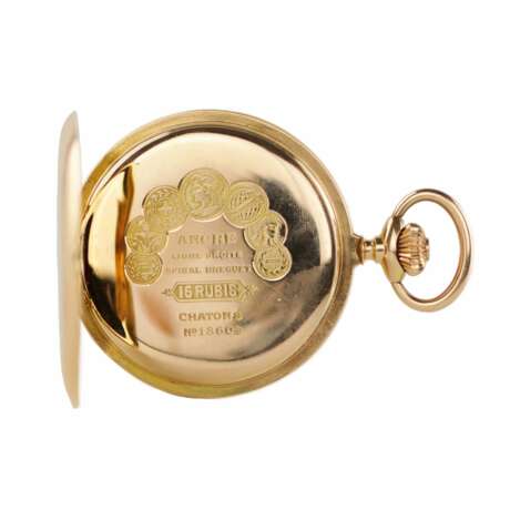 Золотые, трехкрышечные, карманные часы с цепочкой и эротической сценой на циферблате. 1900 г. - фото 3