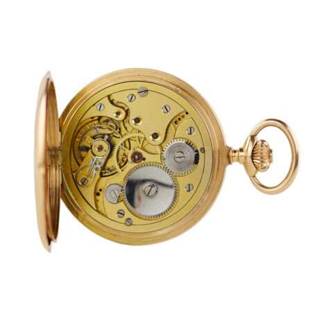 Золотые, трехкрышечные, карманные часы с цепочкой и эротической сценой на циферблате. 1900 г. - фото 4