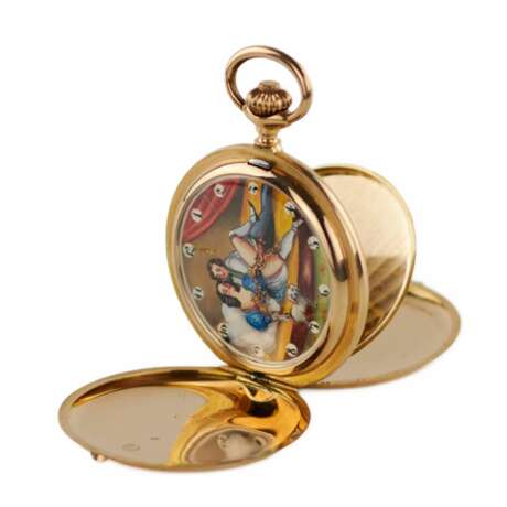 Золотые, трехкрышечные, карманные часы с цепочкой и эротической сценой на циферблате. 1900 г. - фото 7