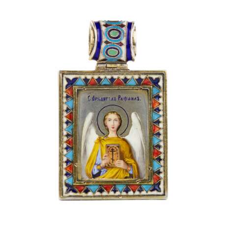 Icône russe en argent de l`Archange Raphaël, émaux peints et cloisonnés. Fin du 19ème siècle. - photo 1