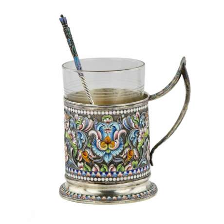 Silver glass holder with a spoon decorated with cloisonne enamel. Moscow 1908-1917. - Foto 2