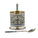 Silver glass holder with a spoon decorated with cloisonne enamel. Moscow 1908-1917. - photo 4