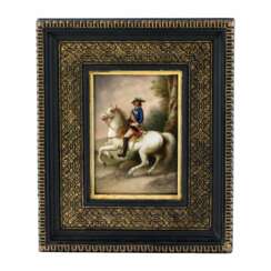 Porcelain plaque. Portrait of the equestrian monarch Peter the Great. 19th century.