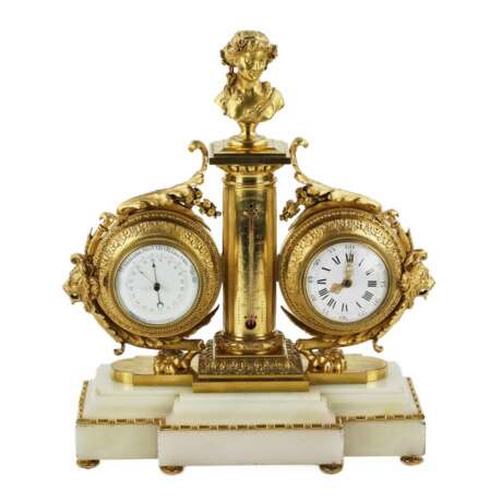 Instrument de table en marbre blanc, bronze dore : avec horloge, thermomètre et baromètre. 19ème siècle. - photo 1
