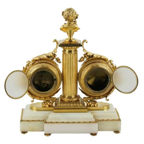 Tabletop instrument in white marble, gilded bronze: with clock, thermometer and barometer. 19th century. - Foto 5