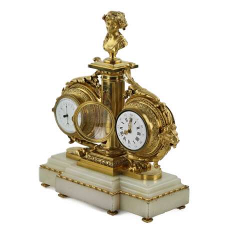 Instrument de table en marbre blanc, bronze dore : avec horloge, thermomètre et baromètre. 19ème siècle. - photo 6