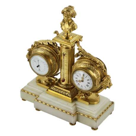Instrument de table en marbre blanc, bronze dore : avec horloge, thermomètre et baromètre. 19ème siècle. - photo 7
